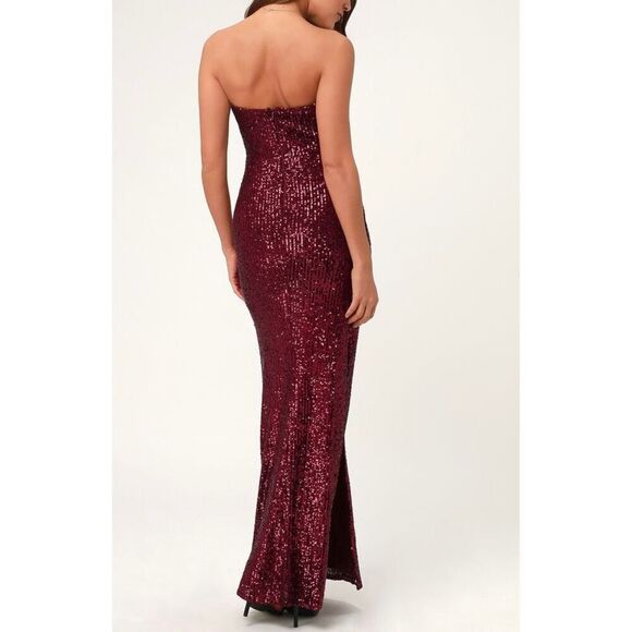 Lulus Lavish Lover Wine Red Strapless Sequin Maxi Cocktail Dress With Slit L - Picture 2 of 8